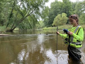 Person taking measurements in a stream