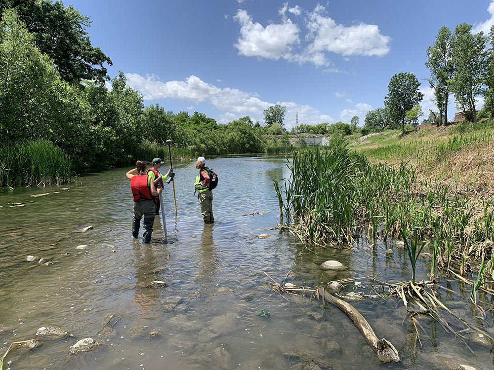 Group of people in a stream channel taking measurements