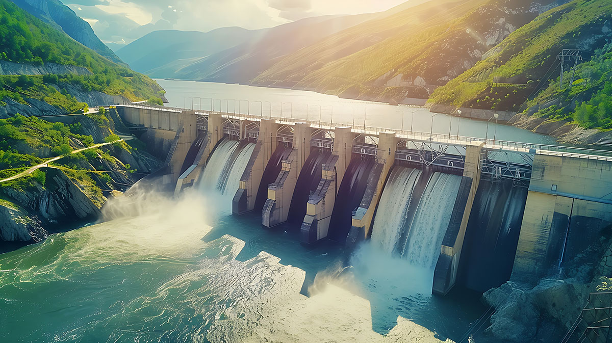 Aerial view of a dam and bridge on a river in the mountains, with cascades of water flow