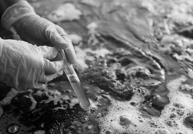 hand holding a test tube containing waste water in a waste dump. Enviromental Concept