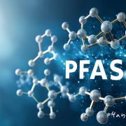 Illustration of PFAS sign on close up chemical 3d structure molecule in detailed artistic style, pollution and health risks symbol, banner