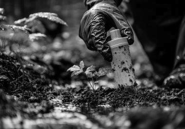 A gloved hand collects a water sample from a small stream in a forest.