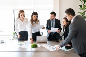 Business people analyzing financial data